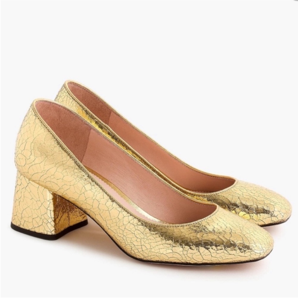 J. Crew Celia Gold Crackle Block Heels Pumps